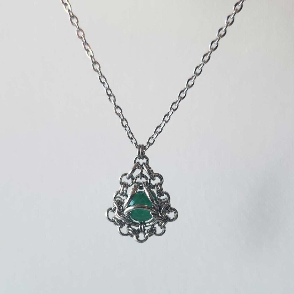 Vintage antique green teardrop necklace with a small silver chain